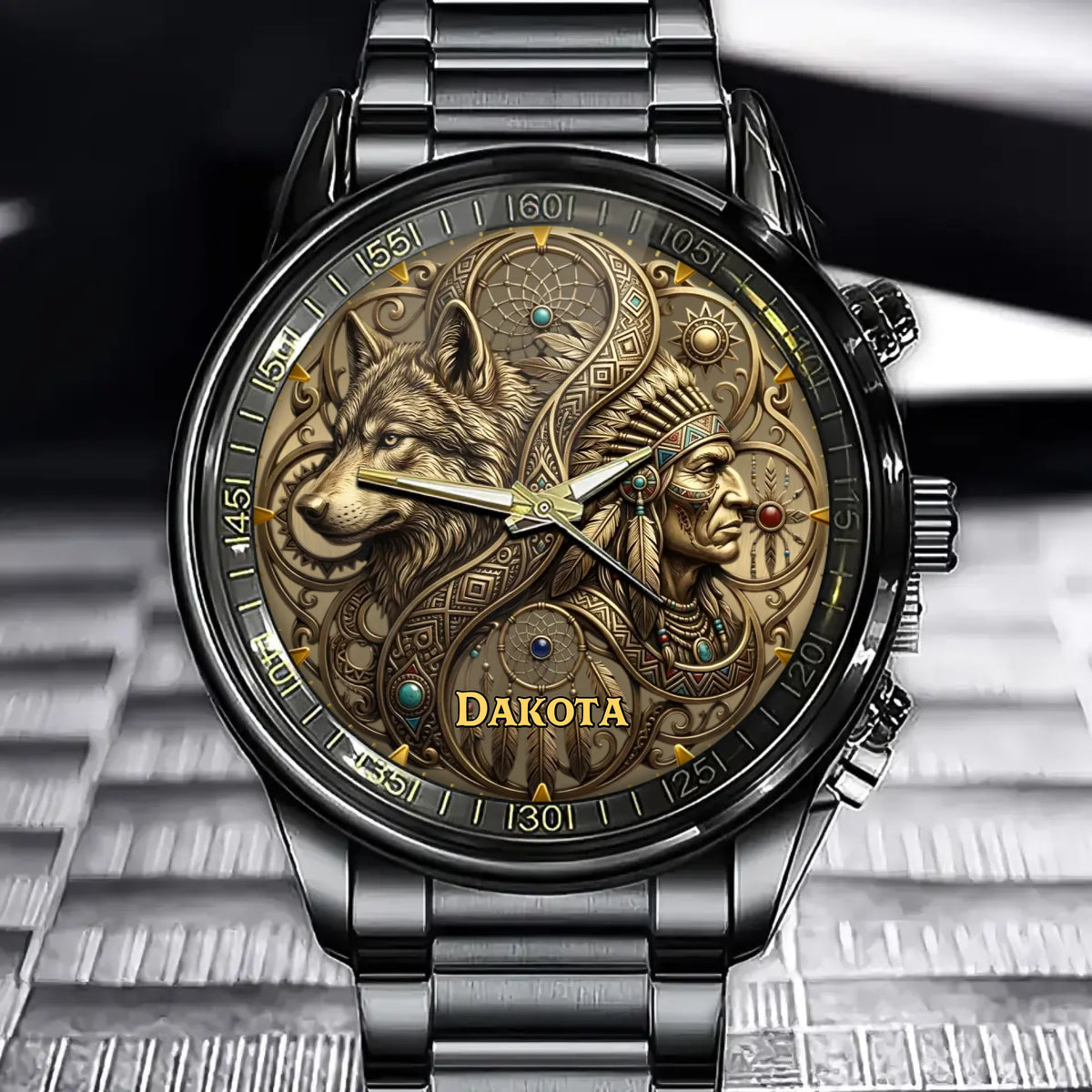 Personalized Tribal Wolf Watch – Native American Heritage Custom Name Watch
