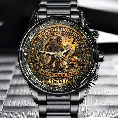 Personalized Bigfoot Watch - Custom Name, Distinctive Forest & Cryptid Timepiece