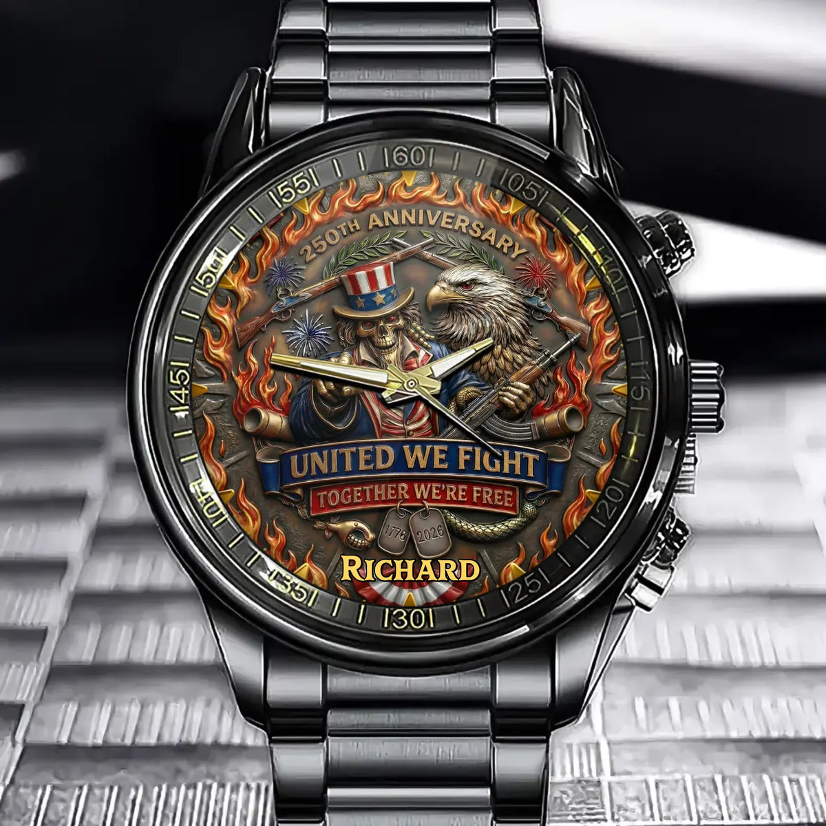 Personalized 250th Anniversary Patriotic Watch-With Custom Name Engraved Eagle & Skull Art