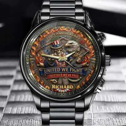Personalized 250th Anniversary Patriotic Watch-With Custom Name Engraved Eagle & Skull Art