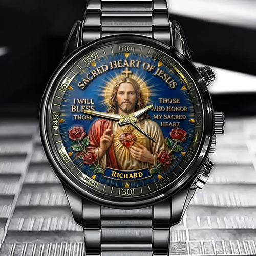 Personalized Sacred Heart Of Jesus Religious Watch -With Custom Name Engraving