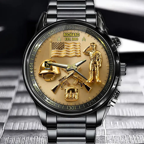 Personalized Veteran Tribute Watch - Custom Name, Flag & Helmet Theme
