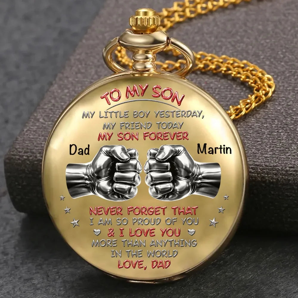 Custom Pocket Watch - Personalized Name Engraved Father Son Fist Bump Gifts - Never Forget I Am So Proud Of You Love Dad