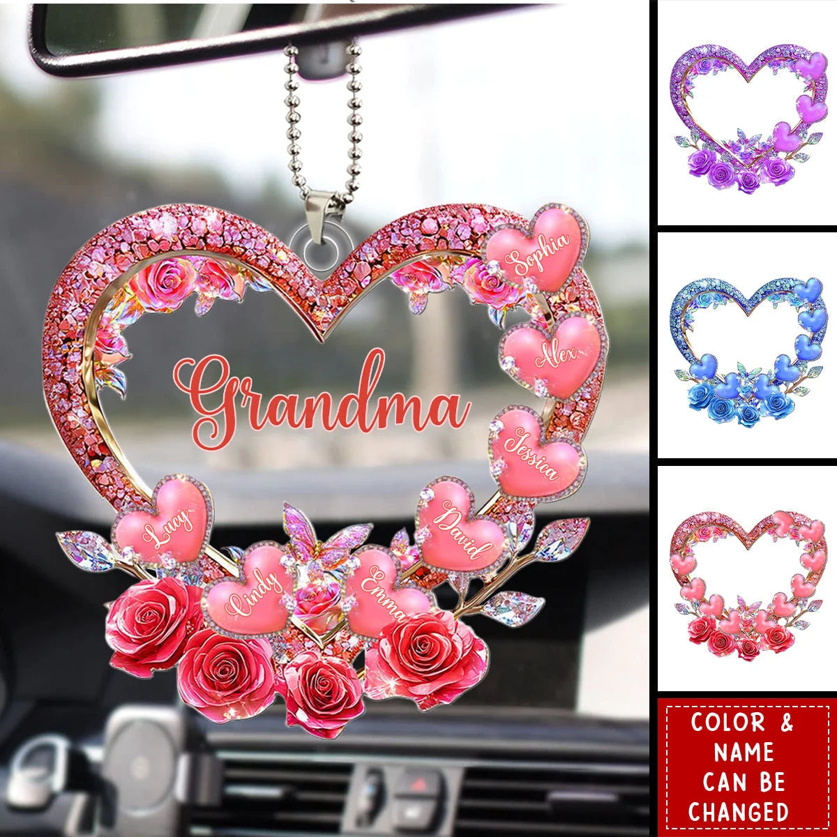 Custom Car Ornament - Personalized Grandma's Sweethearts Heart Shaped Custom Kids Names Grandma Gift