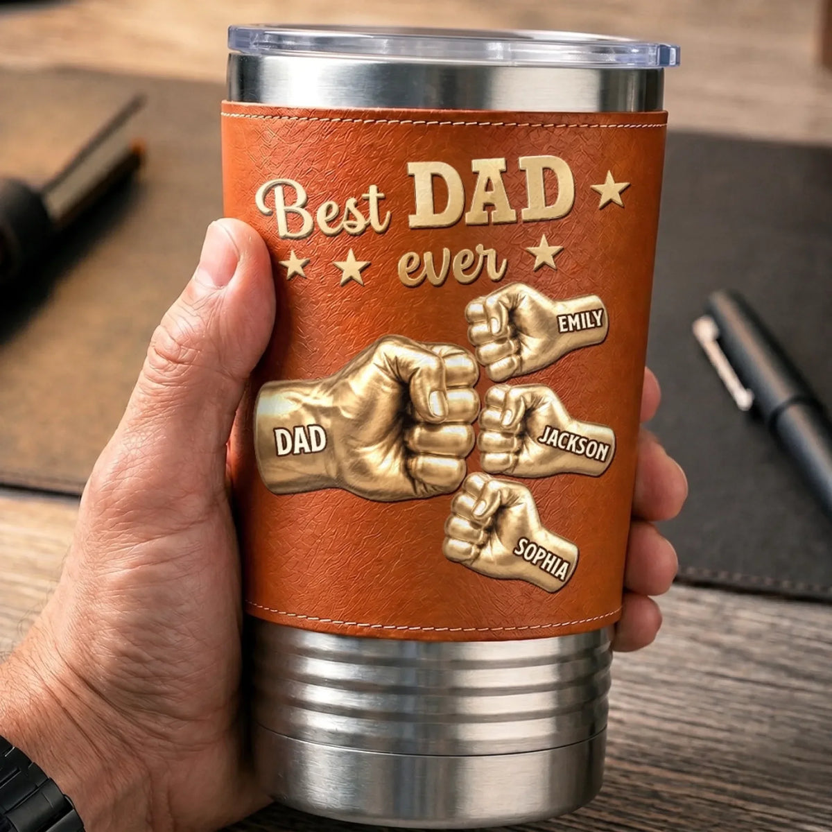 Custom Leather Tumbler - Personalized Dad and Kids Fist Bump Names Father's Day Gift