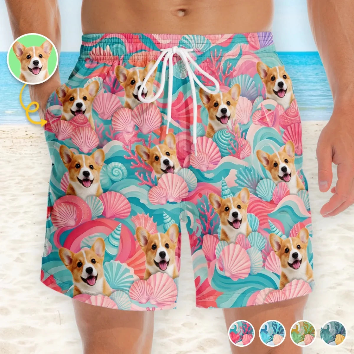 Custom Photo Beach Shorts - Personalized Summer Vacation And Travel Gifts For Dog Cat Lovers, Dog Dad And Mom, Cat Owners - Minty Waves, Happy Paws