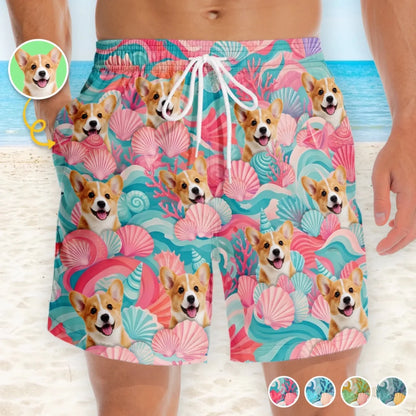 Custom Photo Beach Shorts - Personalized Summer Vacation And Travel Gifts For Dog Cat Lovers, Dog Dad And Mom, Cat Owners - Minty Waves, Happy Paws