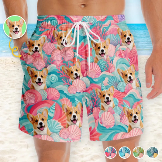 Custom Photo Beach Shorts - Personalized Summer Vacation And Travel Gifts For Dog Cat Lovers, Dog Dad And Mom, Cat Owners - Minty Waves, Happy Paws