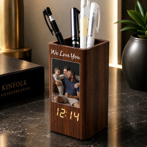 Custom Pen Holder With Clock - Personalized Father's Day Birthday Gifts For Dad, Grandpa