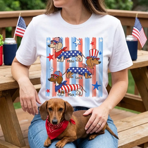 Custom T-Shirt-Personalized 4th Of July Gift-Striped Patriotic Dachshund