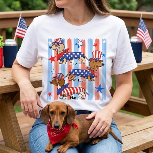 Custom T-Shirt-Personalized 4th Of July Gift-Striped Patriotic Dachshund