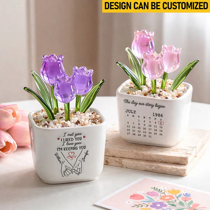 Custom Glass Everlasting Tulips - Personalized Gift for Couples - I Met You I Liked You I Love You