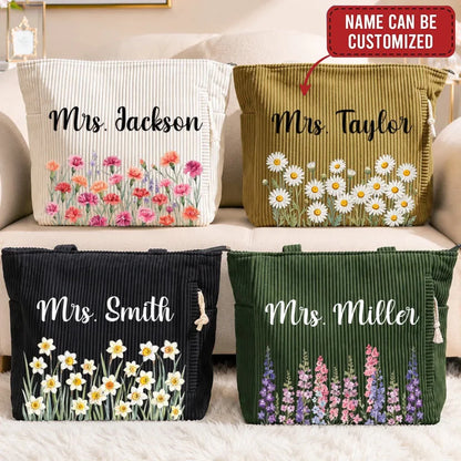 Custom Corduroy Tote Bag - Personalized Teacher Appreciation, Back To School Gifts For Teachers - Beautiful Growth In Every Lesson