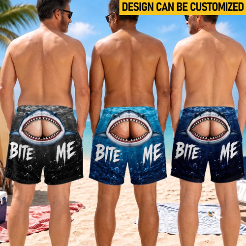 Custom Funny Men Swim Trunks - Personalized Birthday Gifts For Husband, Son, Grandson, Brother, Grandpa, Dad, Yourself - Cheeky Shark Attack