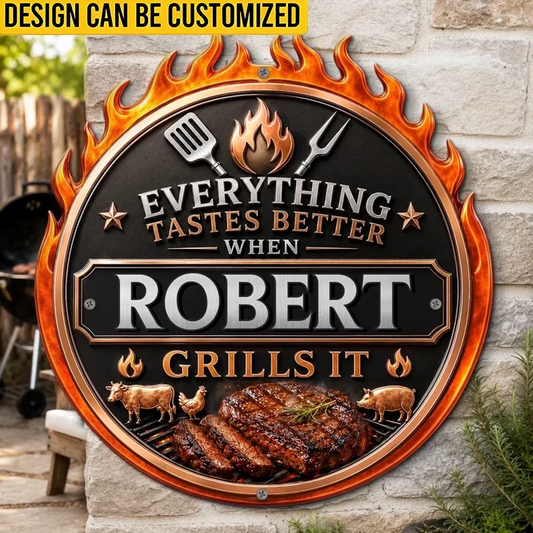 Custom BBQ Shaped Metal Sign - Personalized Grilling Gifts For BBQ Lovers, Husband, Son, Grandson, Brother, Grandpa, Dad, Yourself - Keep Calm And Grill On