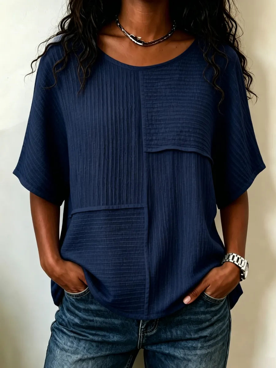 Women's Patchwork Textured Top | Round Neck Short Sleeve Casual Blouse for Summer & Everyday Wear