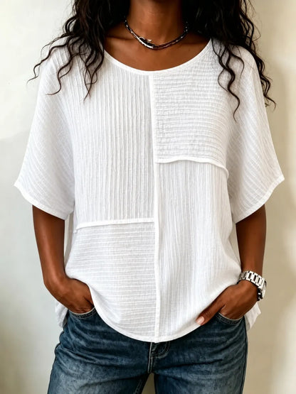 Women's Patchwork Textured Top | Round Neck Short Sleeve Casual Blouse for Summer & Everyday Wear