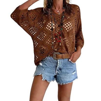 Women's Sexy Hollow Out Crochet Top – Boho Batwing Sleeve V-Neck, Lightweight Beach Vacation Blouse