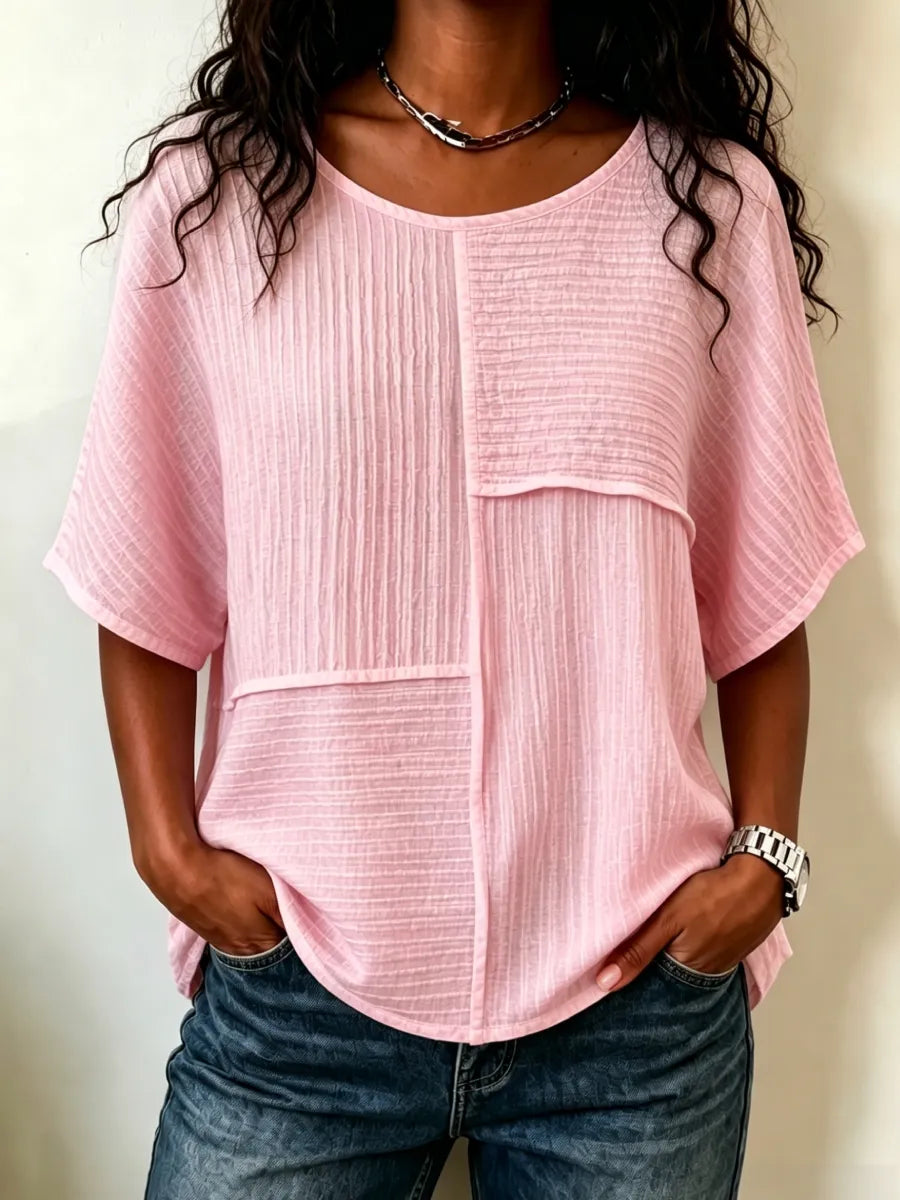 Women's Patchwork Textured Top | Round Neck Short Sleeve Casual Blouse for Summer & Everyday Wear