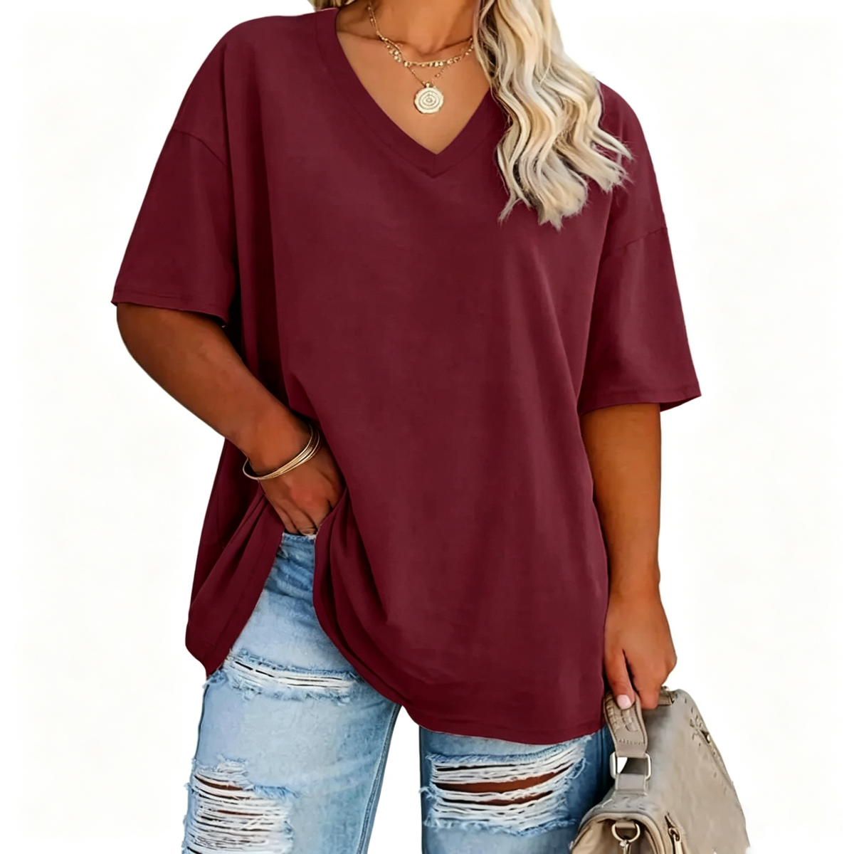 Women's Plus Size V-Neck Tunic Top – Soft Cotton Relaxed Fit Casual Tee, Flattering & Comfortable Everyday Shirt