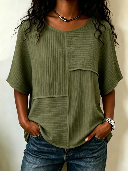 Women's Patchwork Textured Top | Round Neck Short Sleeve Casual Blouse for Summer & Everyday Wear