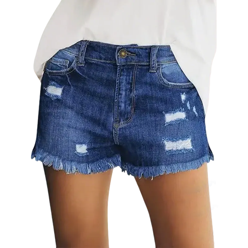 Women's Effortless Ripped Jean Shorts – Stretchy Mid Rise Denim with Raw Hem for Everyday Chic