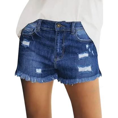Women's Effortless Ripped Jean Shorts – Stretchy Mid Rise Denim with Raw Hem for Everyday Chic