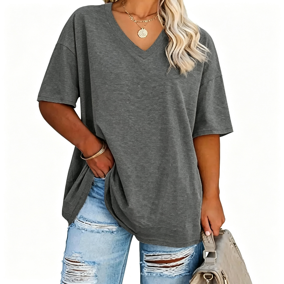 Women's Plus Size V-Neck Tunic Top – Soft Cotton Relaxed Fit Casual Tee, Flattering & Comfortable Everyday Shirt