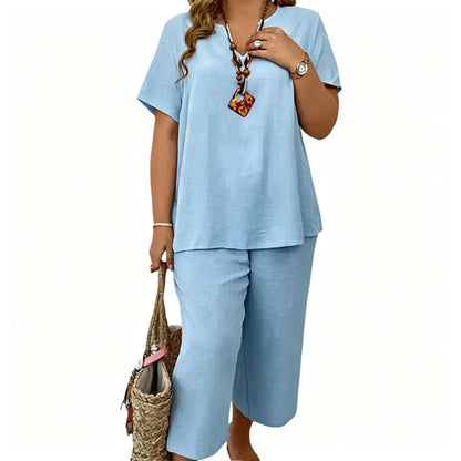 Women's 2-Piece Linen Blend Set – V-Neck Short Sleeve Top & Flowy Wide Leg Pants, Relaxed Fit Beach Vacation Outfit
