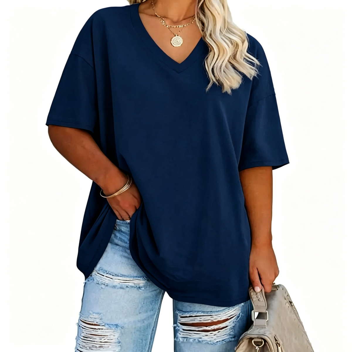 Women's Plus Size V-Neck Tunic Top – Soft Cotton Relaxed Fit Casual Tee, Flattering & Comfortable Everyday Shirt
