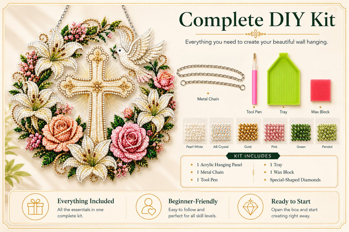 ✝️💐 Cross, Flowers & Dove Diamond Art Hanging Ornament Kit – A Relaxing DIY Craft Filled with Faith & Peace ✨🙏