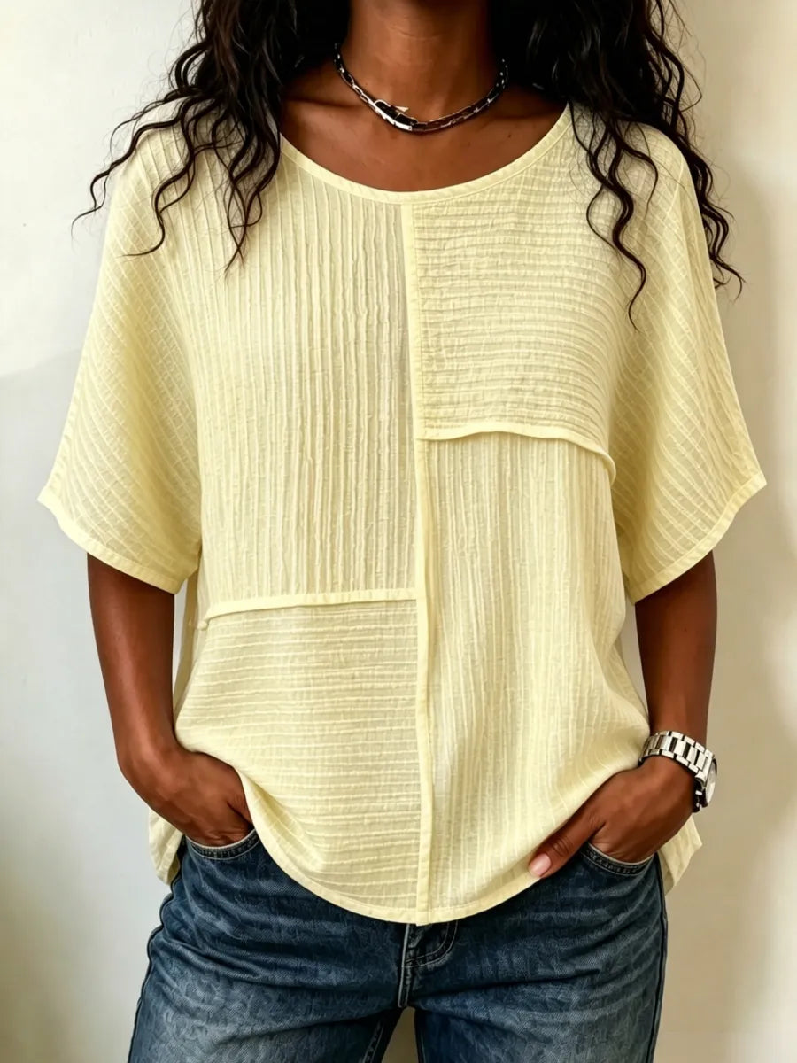 Women's Patchwork Textured Top | Round Neck Short Sleeve Casual Blouse for Summer & Everyday Wear