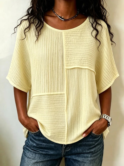 Women's Patchwork Textured Top | Round Neck Short Sleeve Casual Blouse for Summer & Everyday Wear