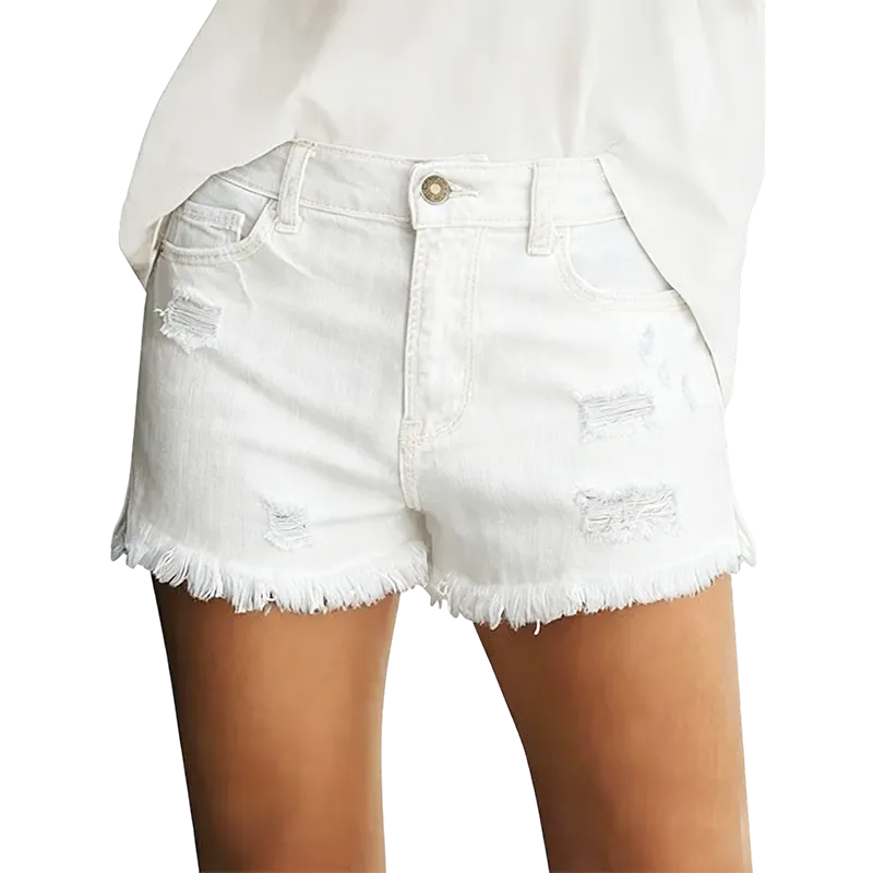Women's Effortless Ripped Jean Shorts – Stretchy Mid Rise Denim with Raw Hem for Everyday Chic