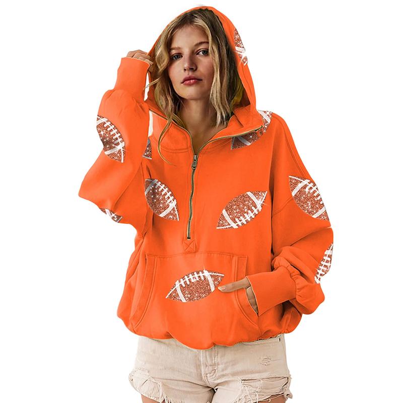 Game Day Sweatshirts Football Sequin Hoodies Tailgate Outfits Long Sleeve Zipper Sweaters with Pocket