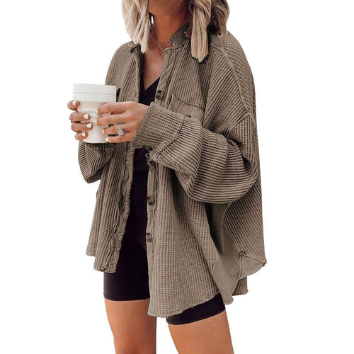 Women's Loose Fit Batwing Sleeve Waffle Knit Jacke