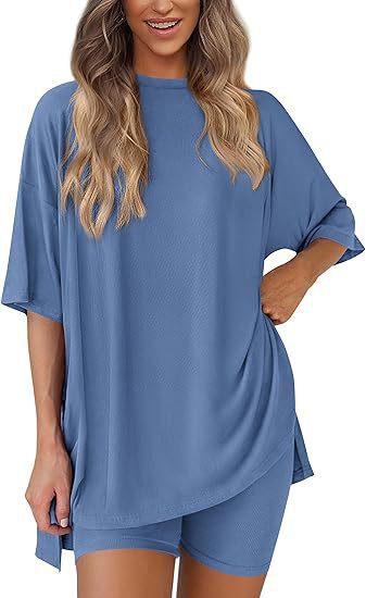 Women's Athleisure Two-Piece Set – Oversized Top & Biker Shorts, Perfect for Lounge, Gym & Casual Outings
