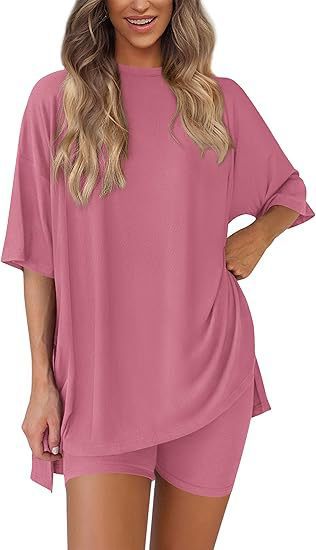 Women's Athleisure Two-Piece Set – Oversized Top & Biker Shorts, Perfect for Lounge, Gym & Casual Outings