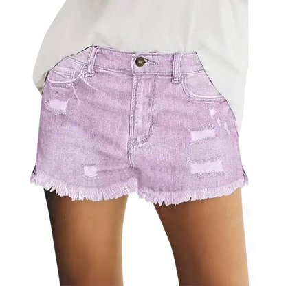 Women's Effortless Ripped Jean Shorts – Stretchy Mid Rise Denim with Raw Hem for Everyday Chic