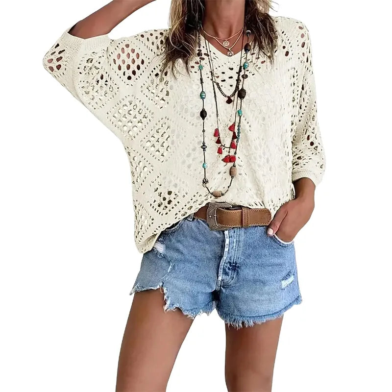 Women's Sexy Hollow Out Crochet Top – Boho Batwing Sleeve V-Neck, Lightweight Beach Vacation Blouse