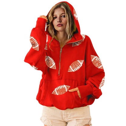 Game Day Sweatshirts Football Sequin Hoodies Tailgate Outfits Long Sleeve Zipper Sweaters with Pocket