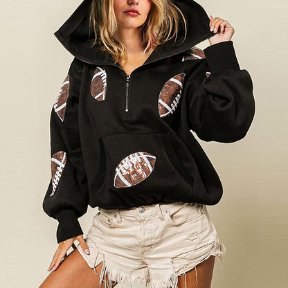 Game Day Sweatshirts Football Sequin Hoodies Tailgate Outfits Long Sleeve Zipper Sweaters with Pocket