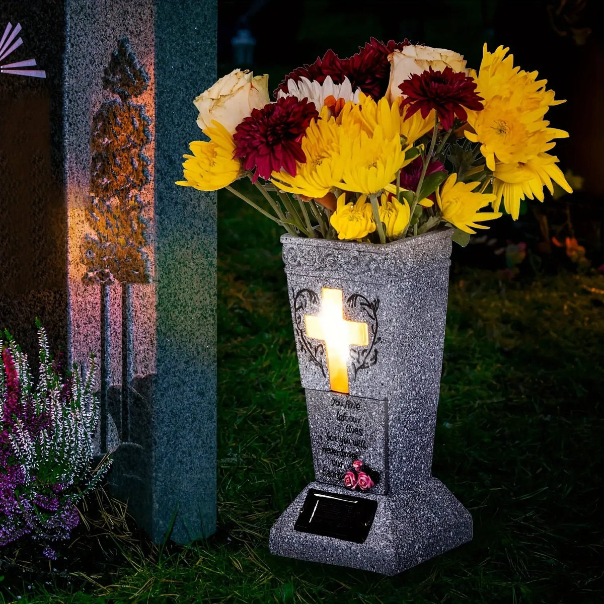 🔥Solar Cemetery Grave Vase with LED – Headstone Flower Vase with Ground Spike for Fresh/Artificial Flowers✨