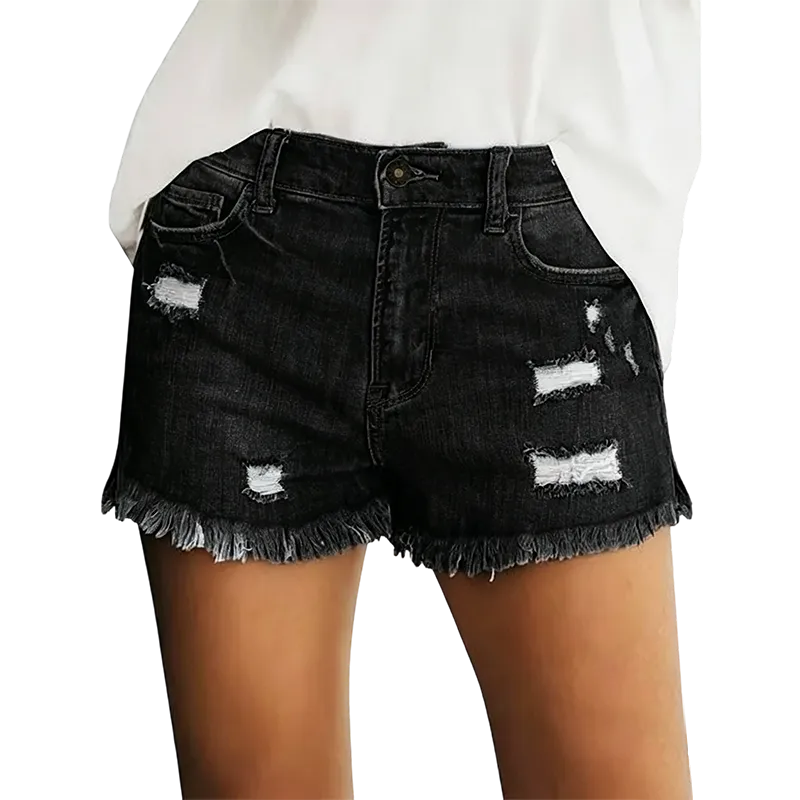 Women's Effortless Ripped Jean Shorts – Stretchy Mid Rise Denim with Raw Hem for Everyday Chic