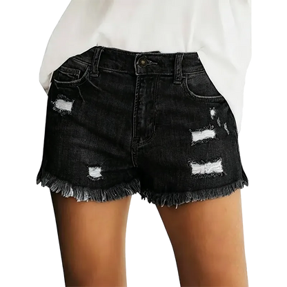 Women's Effortless Ripped Jean Shorts – Stretchy Mid Rise Denim with Raw Hem for Everyday Chic
