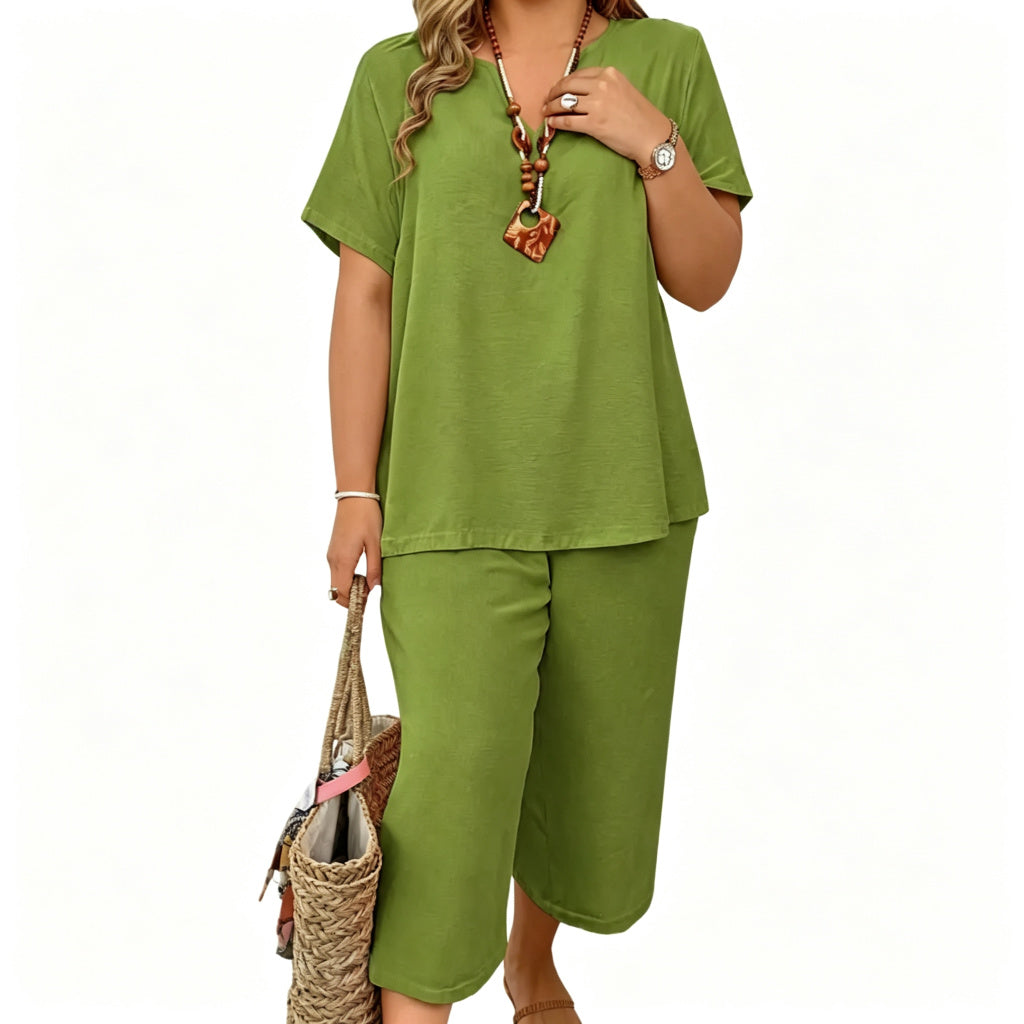 Women's 2-Piece Linen Blend Set – V-Neck Short Sleeve Top & Flowy Wide Leg Pants, Relaxed Fit Beach Vacation Outfit
