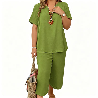 Women's 2-Piece Linen Blend Set – V-Neck Short Sleeve Top & Flowy Wide Leg Pants, Relaxed Fit Beach Vacation Outfit