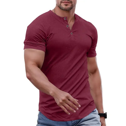 Men's Ribbed Henley T-Shirt – Slim Muscle Fit, Soft Stretch Short Sleeve Tee for Gym, Casual & Everyday Wear