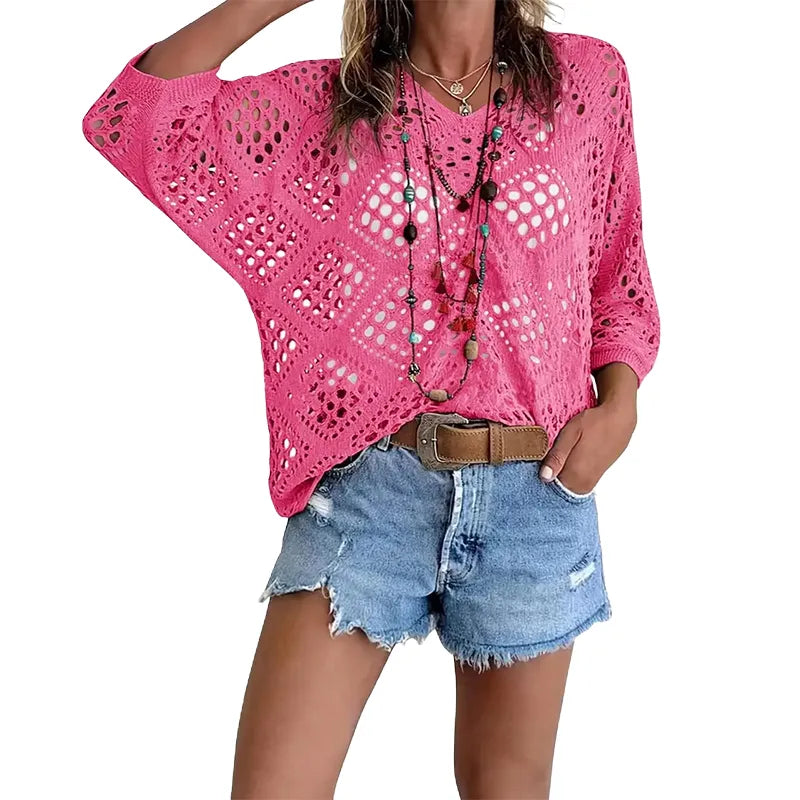 Women's Sexy Hollow Out Crochet Top – Boho Batwing Sleeve V-Neck, Lightweight Beach Vacation Blouse