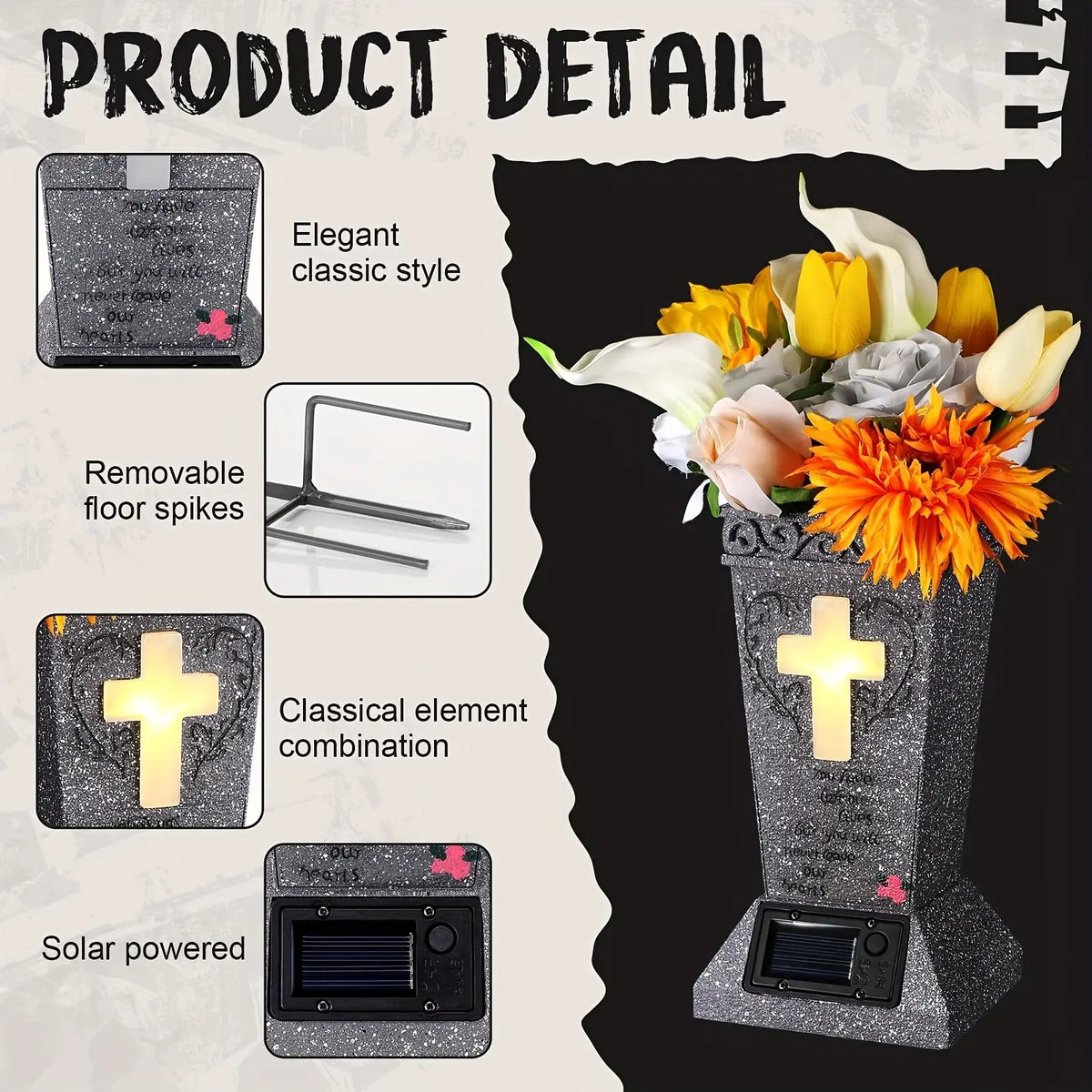 🔥Solar Cemetery Grave Vase with LED – Headstone Flower Vase with Ground Spike for Fresh/Artificial Flowers✨